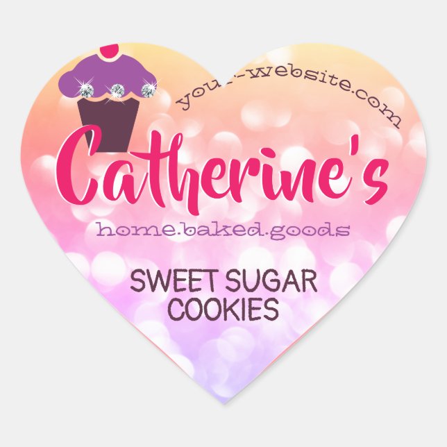 Luxury Glam Cute Girly Pink Glitter Cupcake Baking Heart Sticker (Front)