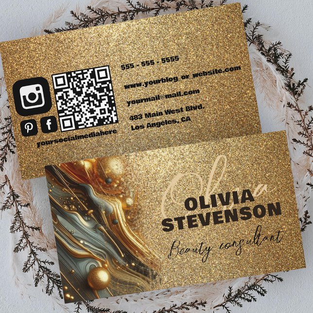 Luxury Glam Glittery Gold Marble Beauty Consultant Business Card (Creator Uploaded)