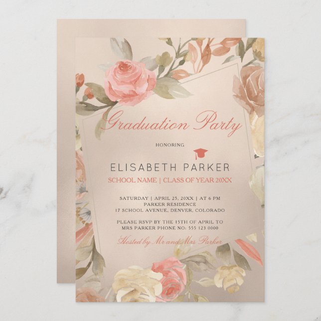 Luxury Glam Peach Floral PHOTO Graduation Party Invitation (Front/Back)