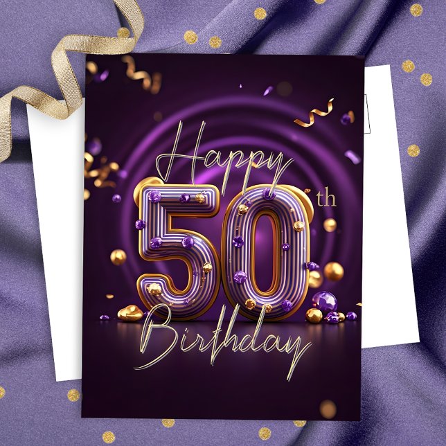 Luxury Glam Purple and Gold 50th Birthday Postcard (Creator Uploaded)