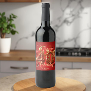 Luxury Glam Red and Gold 40th Birthday Celebration Wine Label