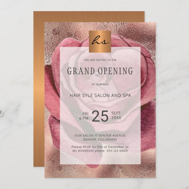 Luxury glam rose beauty salon grand opening invitation (Front/Back)