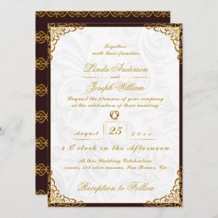 Luxury Glamour Gold Border & Nordic Flower Wedding Invitation