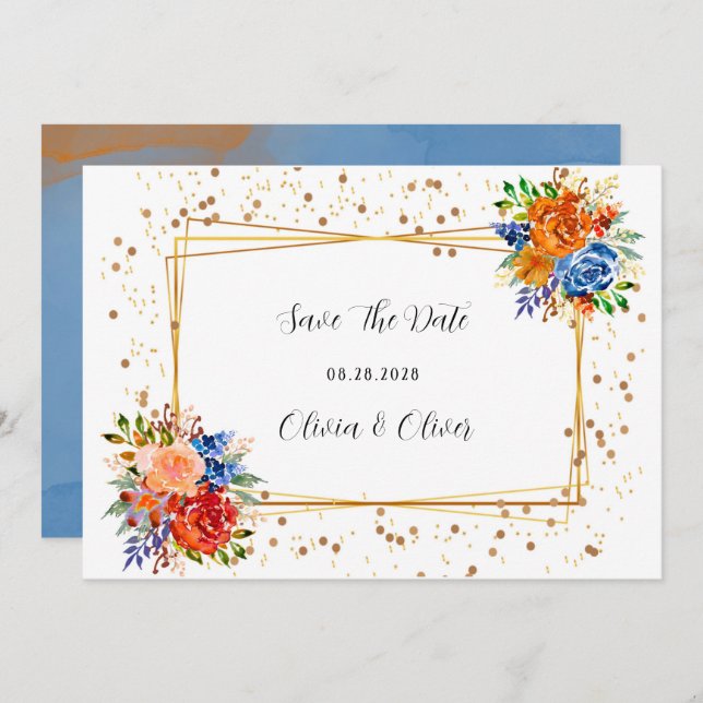 Luxury Glitter Blue Orange Floral Save The Date (Front/Back)