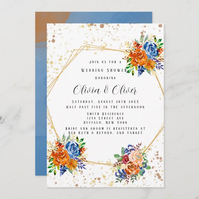 Luxury Glitter Blue Orange Floral Wedding Shower Invitation (Front/Back)