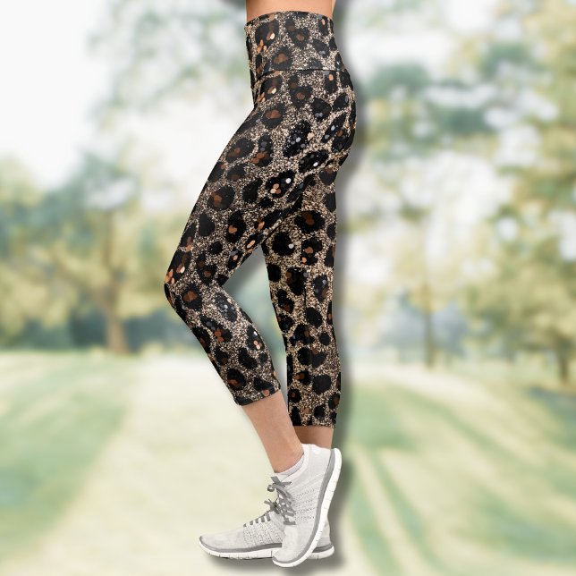 Luxury Glitter Brown Black Gold Leopard Pattern Capri Leggings (Creator Uploaded)