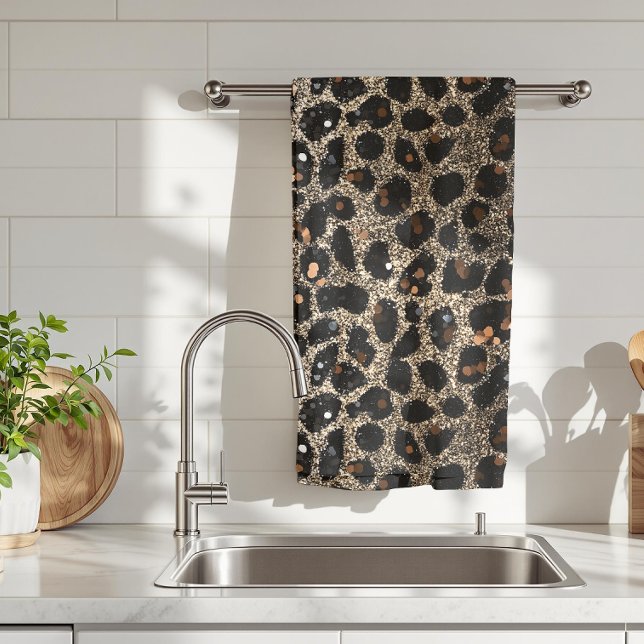 Luxury Glitter Brown Black Gold Leopard Pattern Tea Towel (Creator Uploaded)