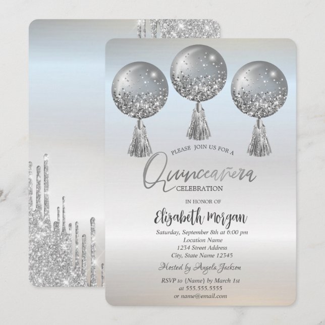 Luxury Glitter Drips Balloons Silver Quinceañera Invitation (Front/Back)