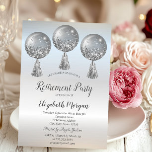 Luxury Glitter Drips Balloons Silver Retirement   Invitation