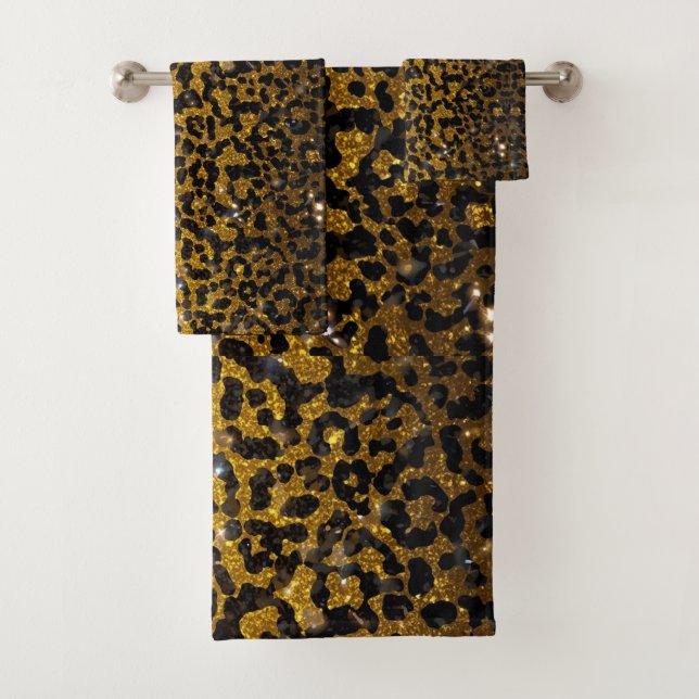 Luxury Glitter Gold Brown Black Leopard Pattern Bath Towel Set (Insitu)