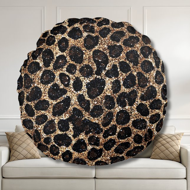 Luxury Glitter Gold Brown Black Leopard Pattern Round Cushion (Creator Uploaded)