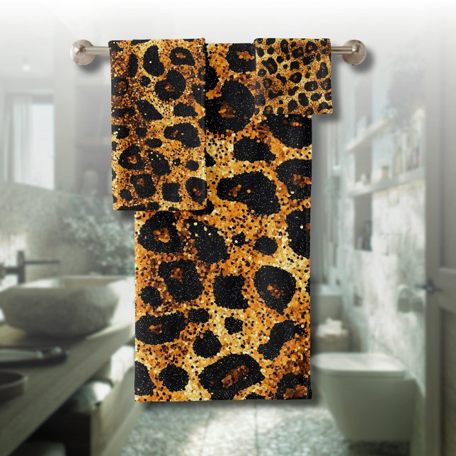 Luxury Glitter Gold Brown Rust Leopard Pattern Bath Towel Set (Creator Uploaded)