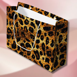 Luxury Glitter Gold Brown Rust Leopard Pattern Large Gift Bag