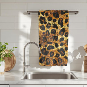 Luxury Glitter Gold Brown Rust Leopard Pattern Tea Towel