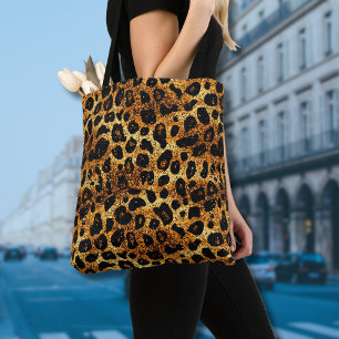 Luxury Glitter Gold Brown Rust Leopard Pattern Tote Bag
