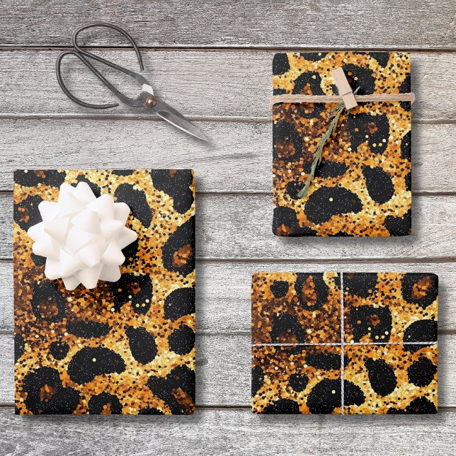 Luxury Glitter Gold Brown Rust Leopard Pattern Wrapping Paper Sheet (Creator Uploaded)