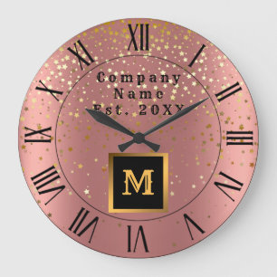 Luxury Glitter Gold Pink Stars Monogrammed Large Clock