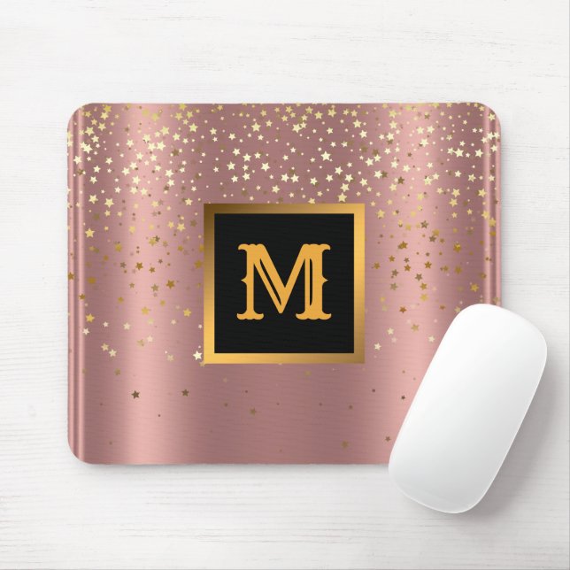 Luxury Glitter Gold Pink Stars Monogrammed Mouse Pad (With Mouse)