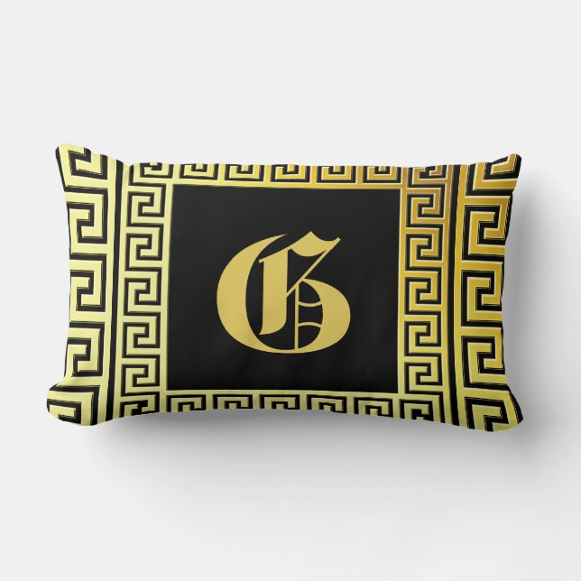Luxury glitter greek key monogrammed gold l black lumbar cushion (Front)
