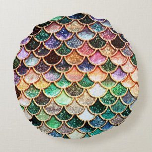 Luxury Glitter Mermaid Scales - Multicolor Round Cushion