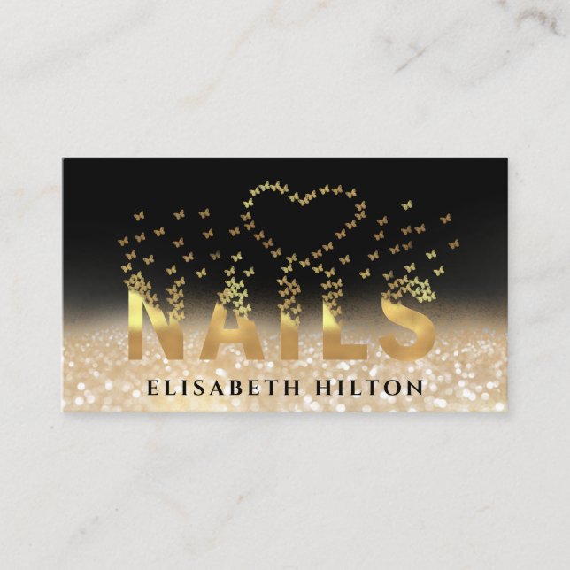 Luxury glittery gold butterflies nails logo business card (Front)