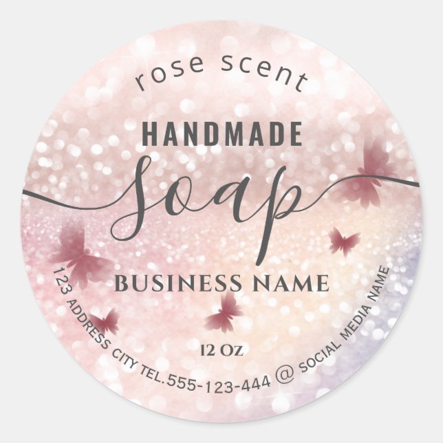 Luxury glittery romantic butterfly soap classic round sticker (Front)