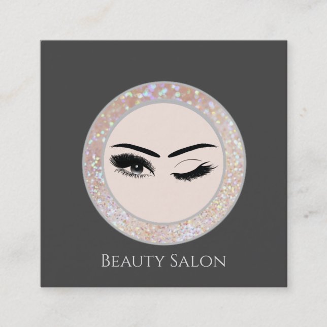 Luxury glittery sparkle circle frame makeup eye square business card (Front)