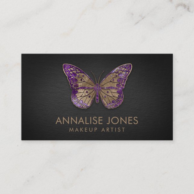 Luxury Gold and Amethyst Butterfly on Black Slate Business Card (Front)