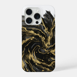 Luxury Gold and Black Abstract Marble Ink Flow iPhone 15 Pro Case