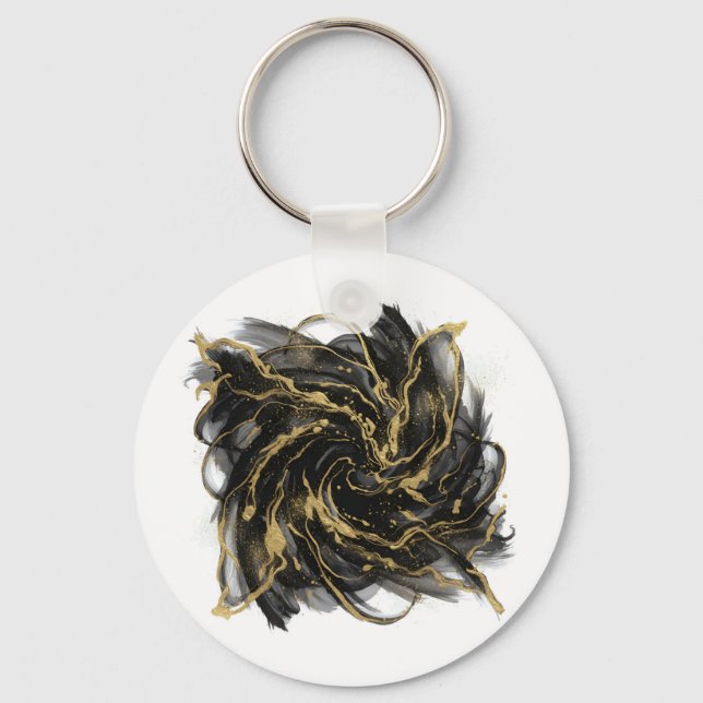 Luxury Gold and Black Abstract Marble Ink Flow Key Ring (Front)