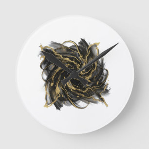Luxury Gold and Black Abstract Marble Ink Flow Round Clock