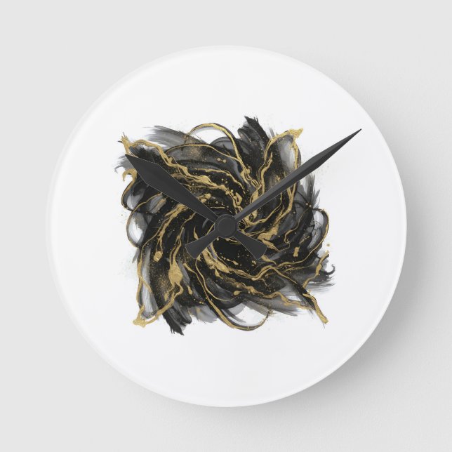 Luxury Gold and Black Abstract Marble Ink Flow Round Clock (Front)