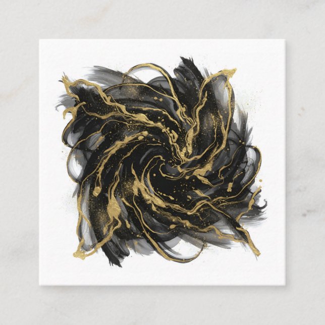 Luxury Gold and Black Abstract Marble Ink Flow Square Business Card (Front)