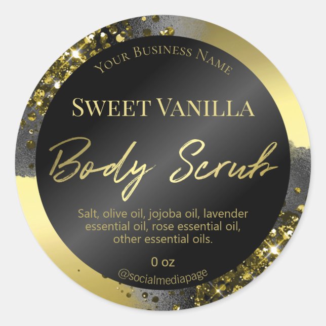 Luxury Gold And Black Glitter Body Scrub Labels (Front)