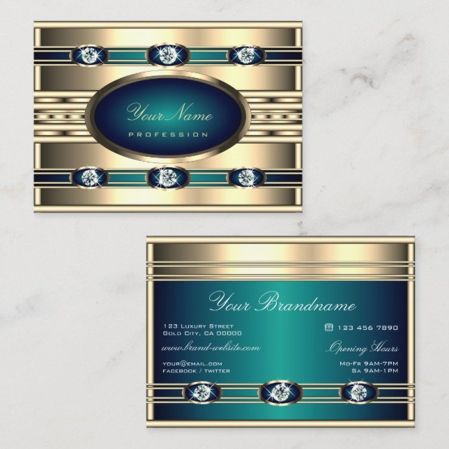 Luxury Gold and Blue Colours with Faux Rhinestones Business Card (Front/Back)