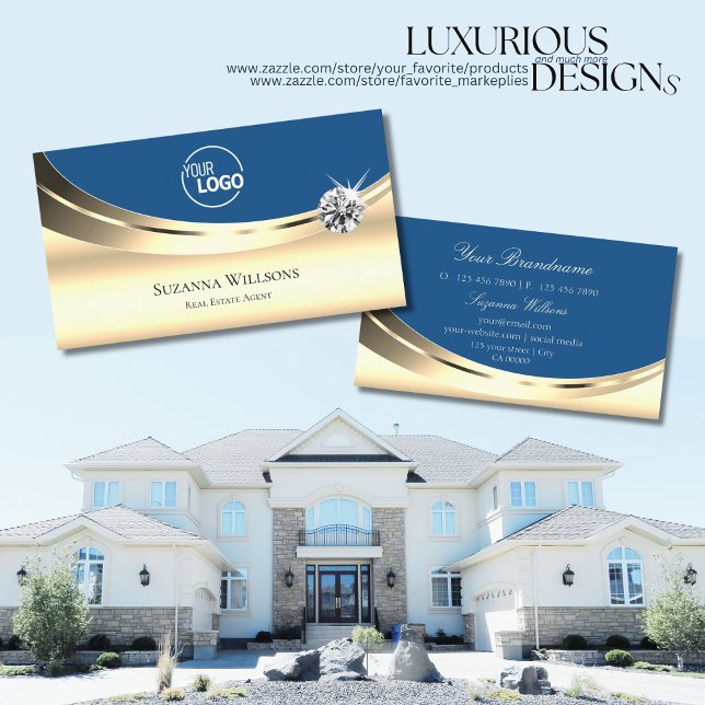 Luxury Gold and Blue with Logo Sparkle Diamond Business Card (Creator Uploaded)