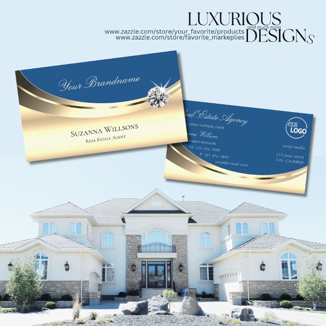 Luxury Gold and Blue with Logo Sparkling Diamond Business Card (Creator Uploaded)