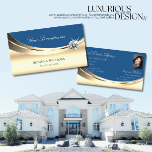 Luxury Gold and Blue with Photo Sparkling Diamond Business Card