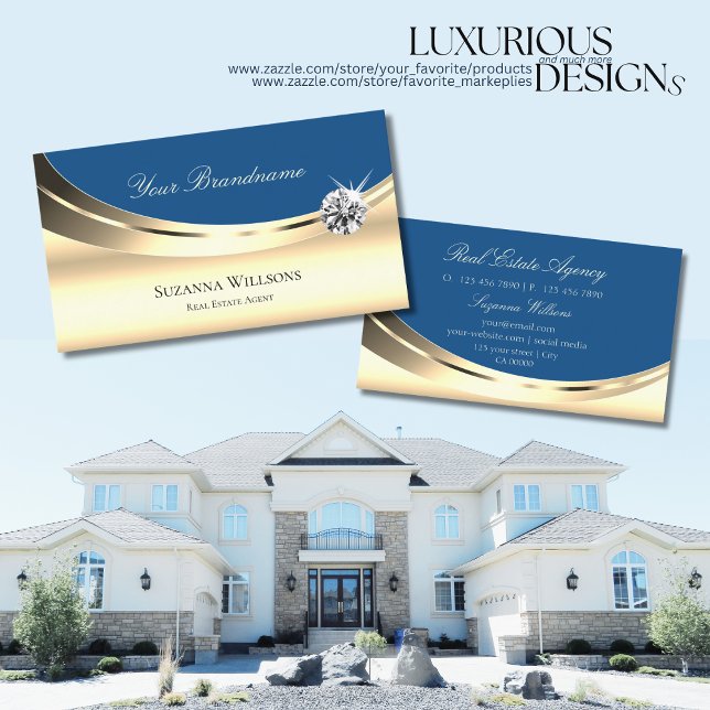 Luxury Gold and Blue with Sparkle Diamond Stylish Business Card (Creator Uploaded)