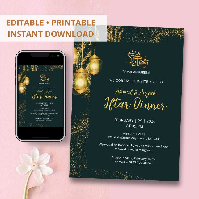 Luxury Gold and Dark Emerald Iftar Dinner Invitation (Creator Uploaded)
