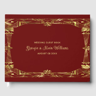 Luxury gold and dark red art deco frame guest book