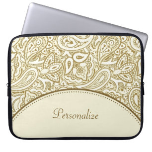Luxury Gold and Ivory Paisley Damask With Name Laptop Sleeve