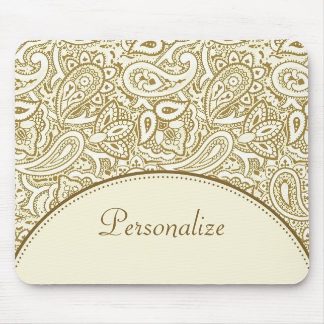 Luxury Gold and Ivory Paisley Damask With Name Mouse Pad (Front)