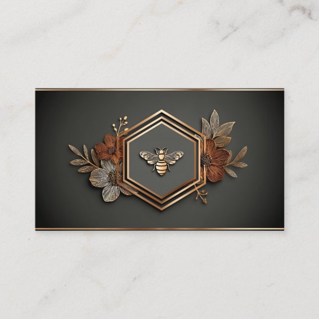 Luxury Gold Bee Hexagon Floral Midnight Black Business Card (Front)