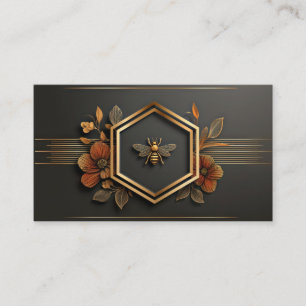 Luxury Gold Bee Hexagon Floral Midnight Black Business Card