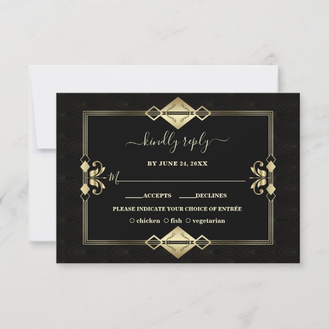 Luxury Gold Black Art Deco Fleur-de-Lis Wedding RSVP Card (Front)