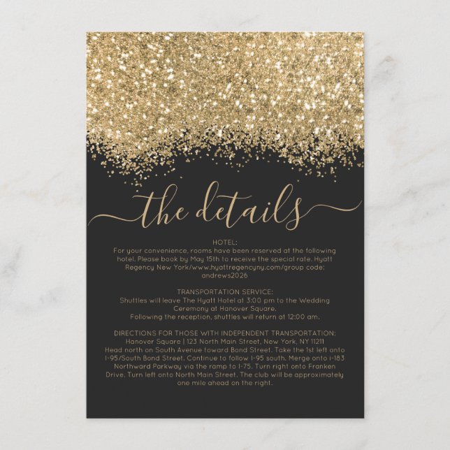Luxury Gold Black Glitter Confetti Wedding Details Enclosure Card (Front)
