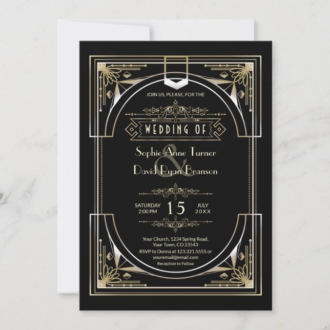 Luxury Gold Black Great 20s Style Wedding Invitation (Front)
