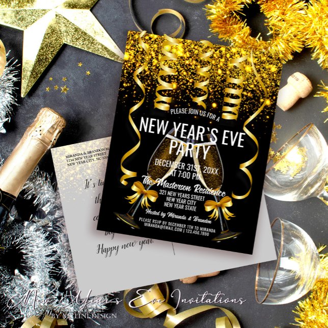 Luxury Gold Black New Year`s Eve Party Invitation Postcard (Creator Uploaded)