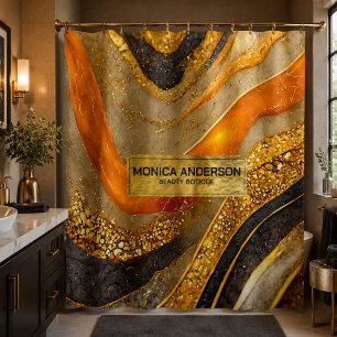 Luxury Gold Black Orange Abstract Metallic Marble Shower Curtain